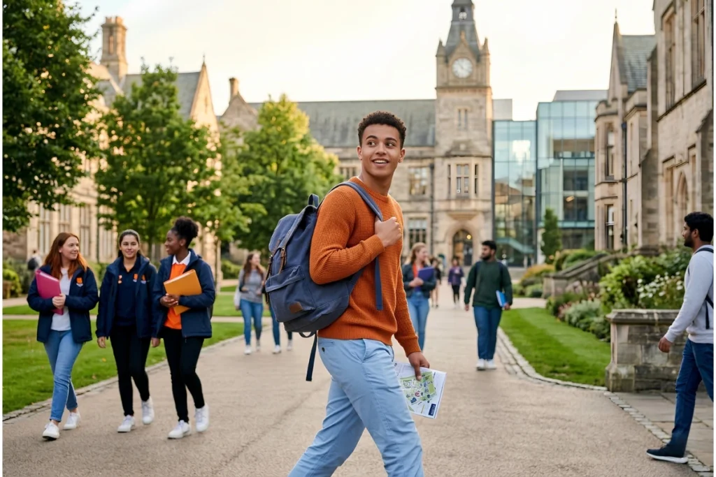 First-year student walking through campus on their first day