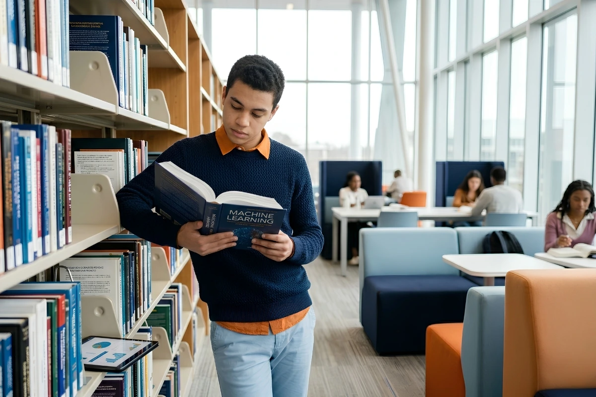 Young person building skills beyond their degree in a library