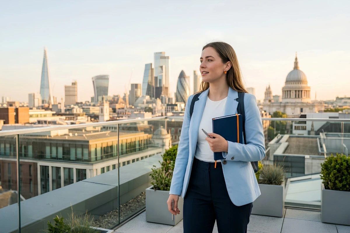 Young graduate entrepreneur on a London rooftop looking to the future