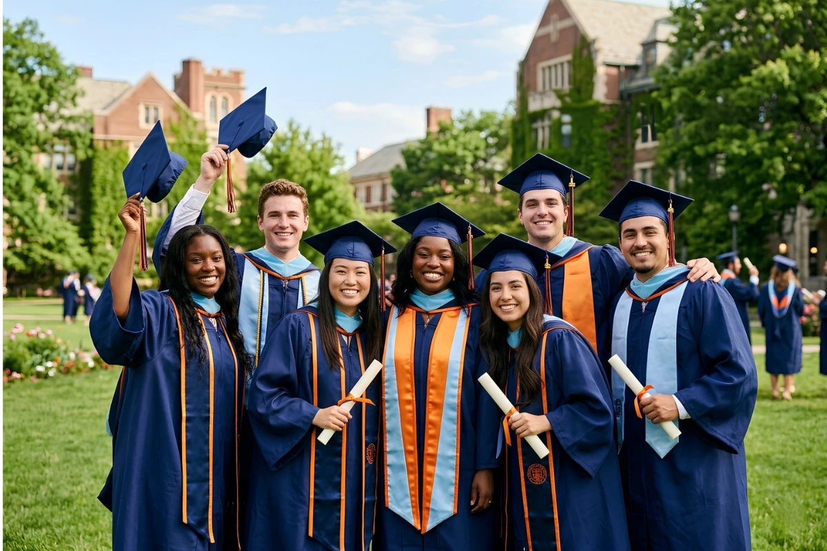 Group of university graduates in gowns celebrating on campus
