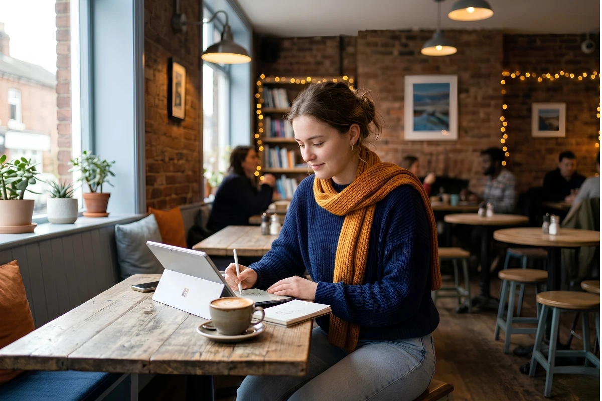 University student freelancing in a relaxed café setting