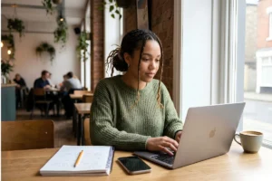 University student freelancing on a laptop in a bright workspace