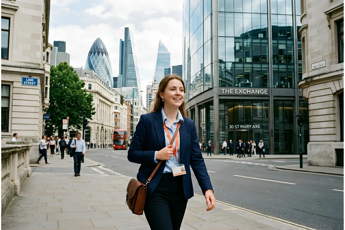 Student arriving in downtown London on the first day of their internship