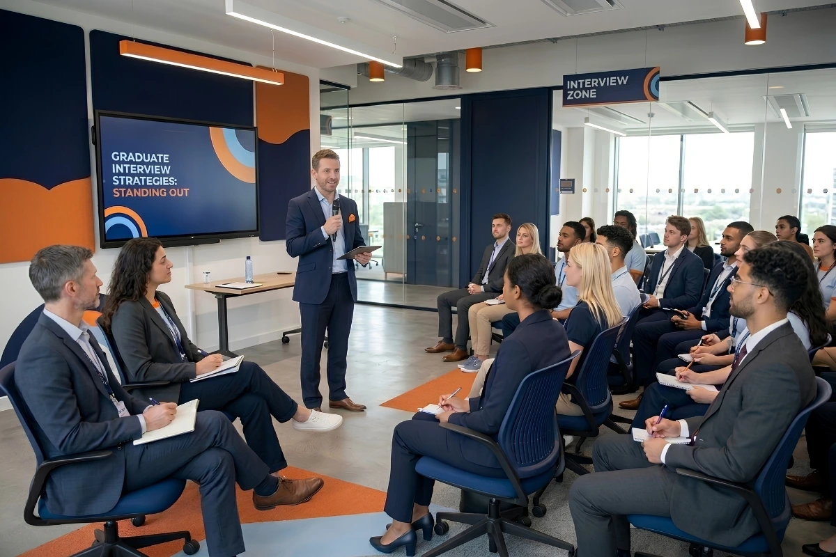 Confident graduate ready for a job interview in a modern London office