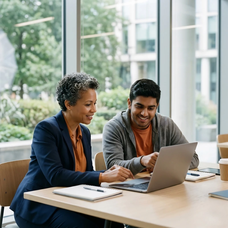 Mentor guiding a UK university student during a one-to-one career