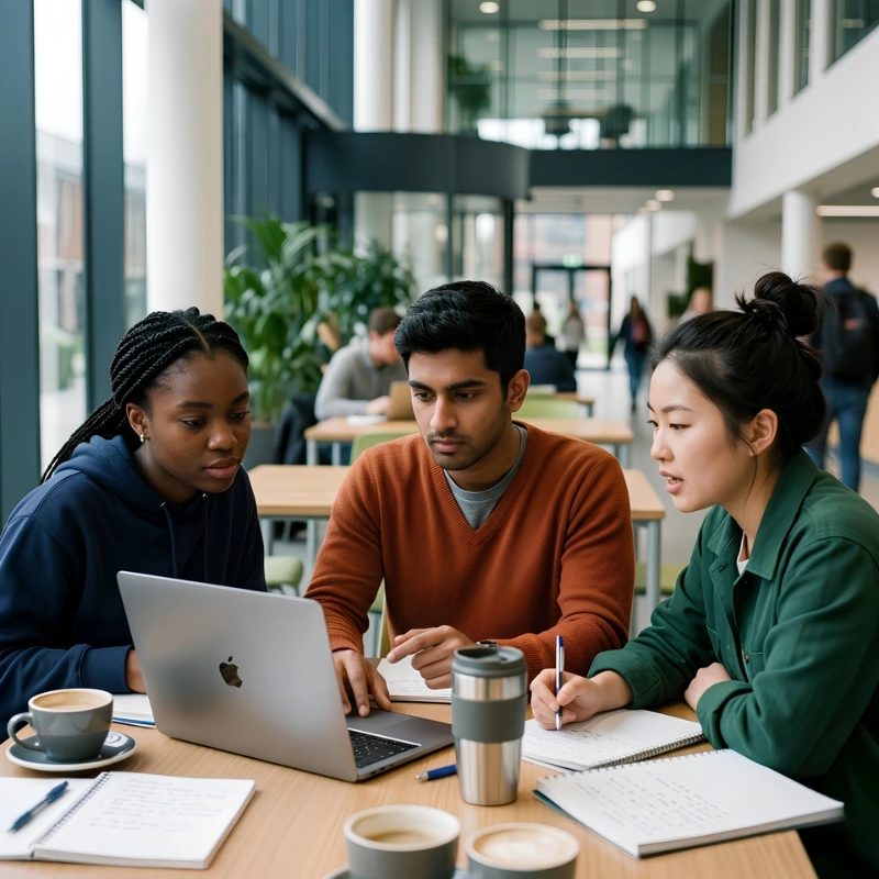 Group of university students collaborating on a project together