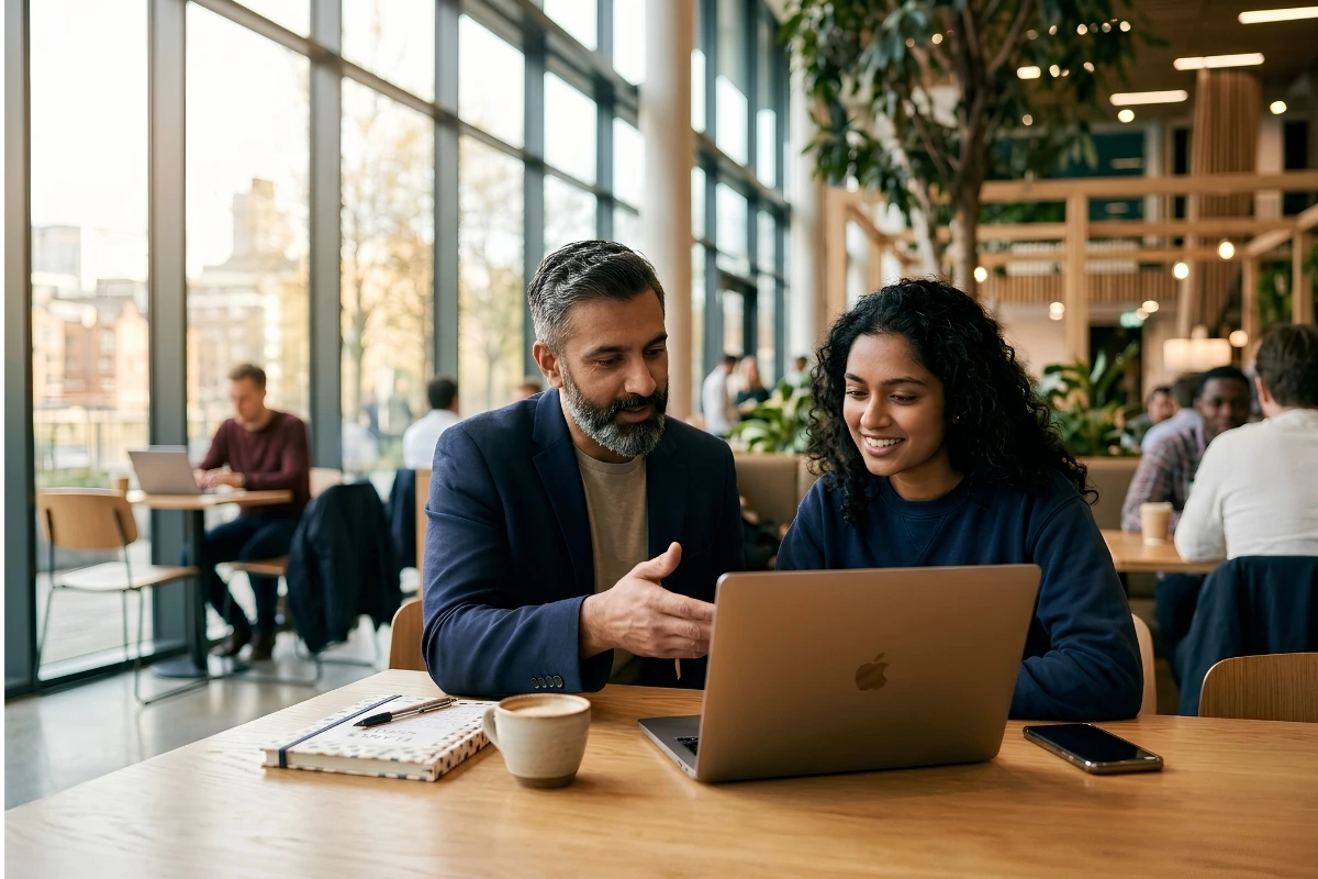 Experienced mentor guiding a university student in a one-to-one session