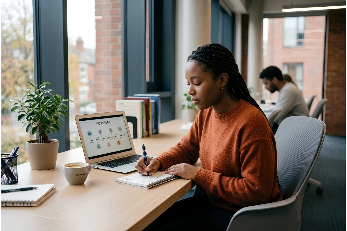 Student planning career roadmap at desk with laptop