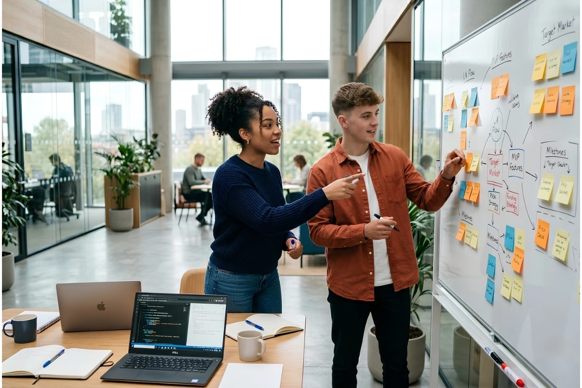 Student entrepreneurs working on startup in co-working space
