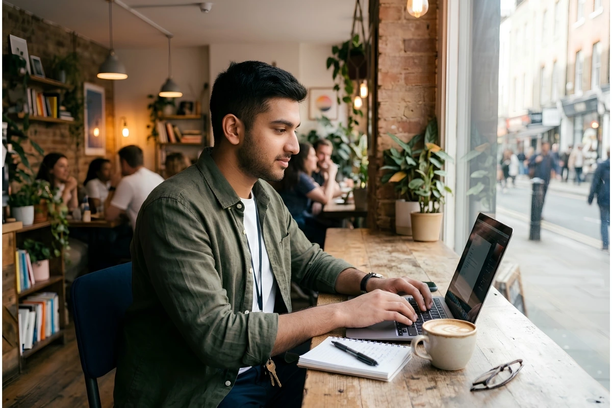 Young person freelancing on laptop in bright workspace