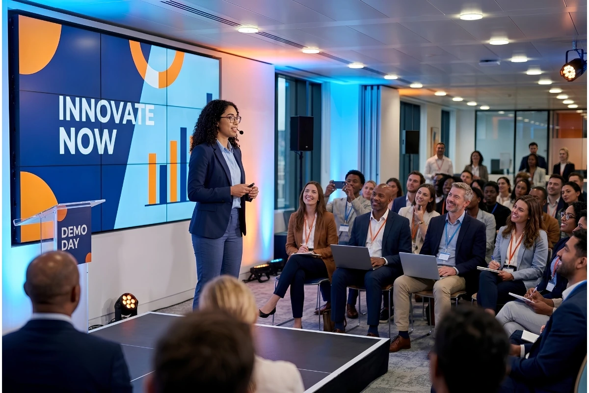 Young entrepreneur pitching a startup idea at a demo day event