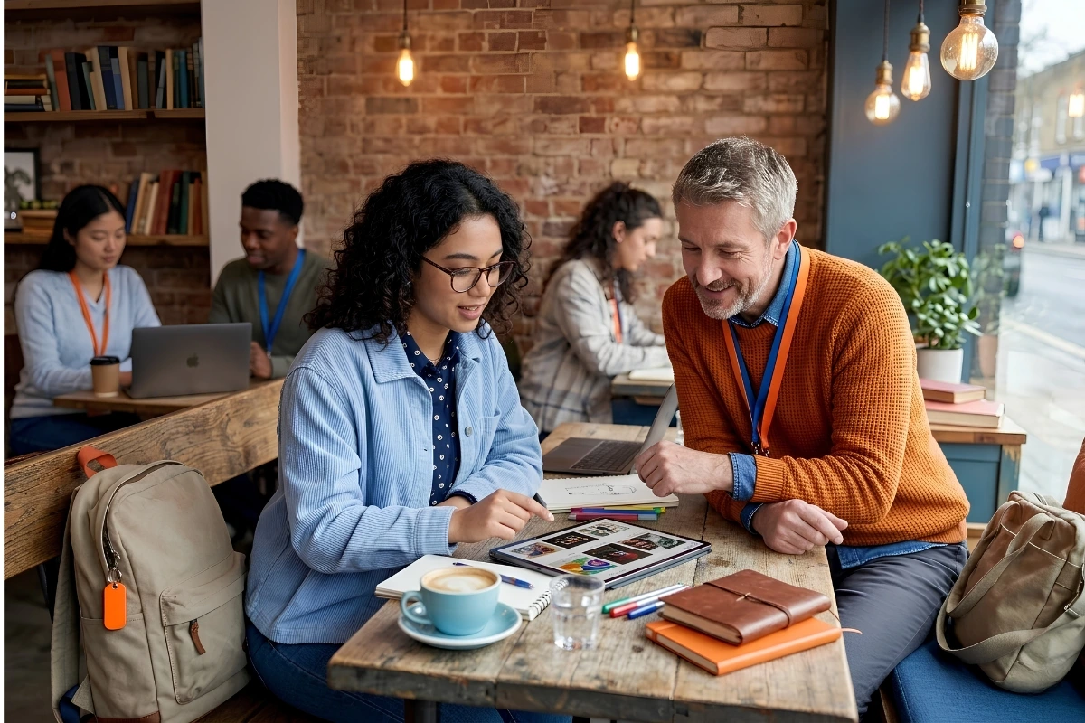 University freelancer reviewing a portfolio with mentor guidance