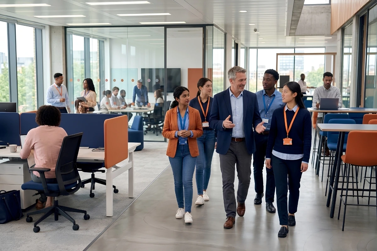 Mentor leading student interns through a modern office workplace