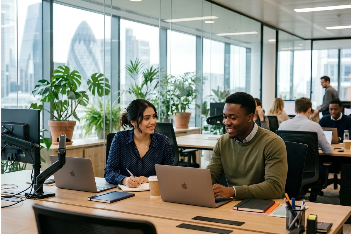 Student intern working in modern London office