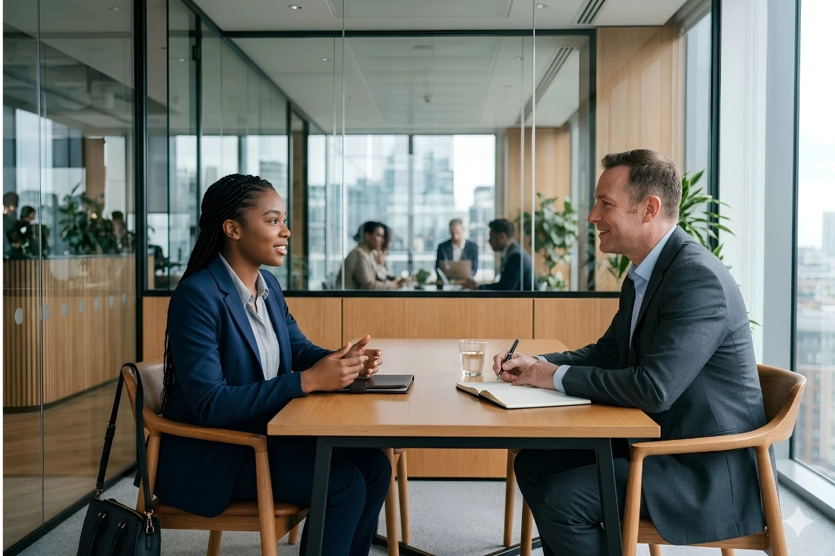 Graduate preparing for job interview in professional setting