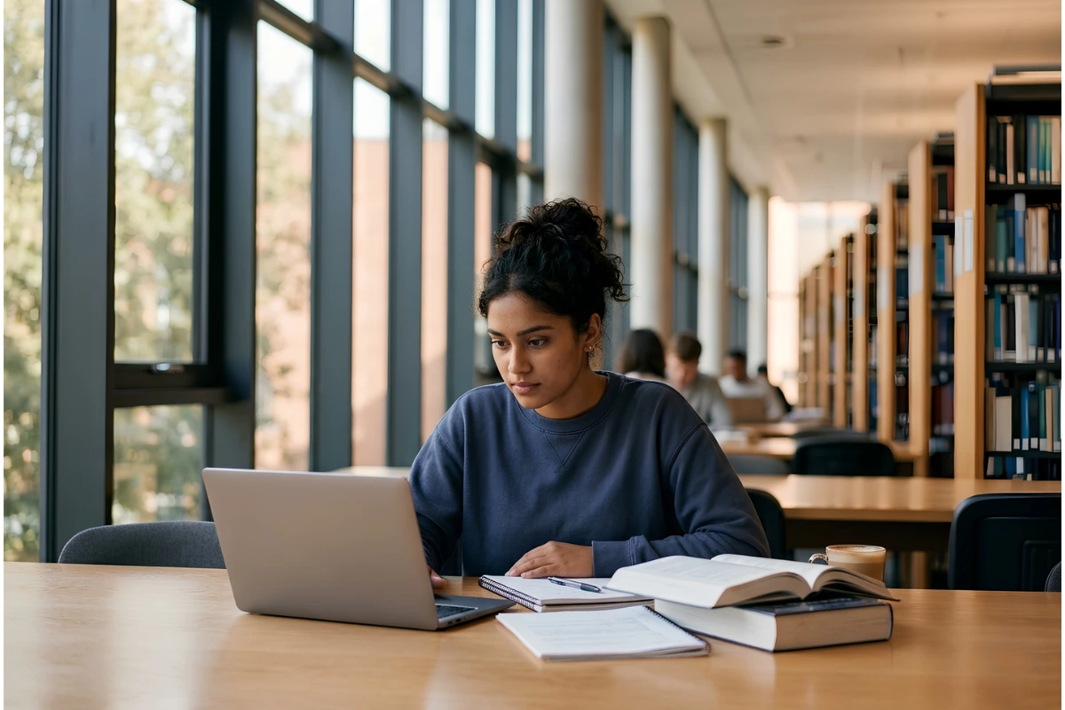 UK university student studying in library
