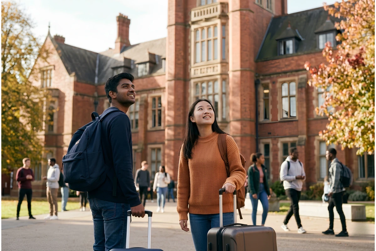 International students arriving at UK university campus
