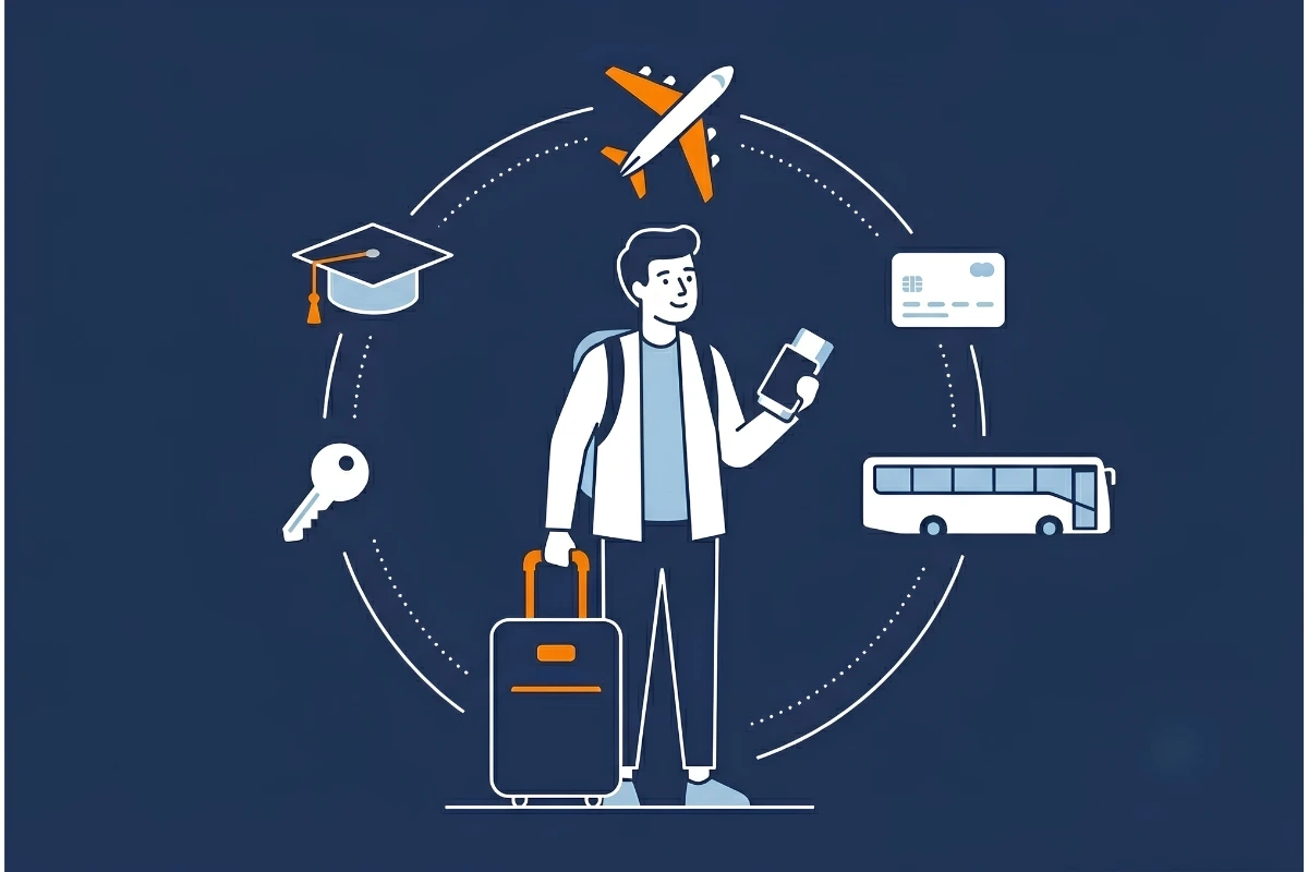 International students arriving                at UK university campus