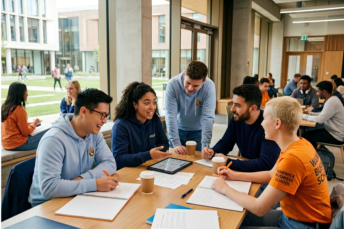 University students collaborating on a project in a campus study space