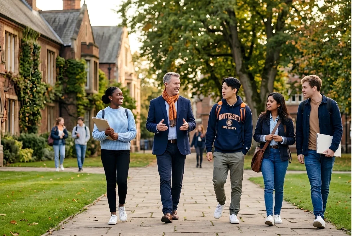 Middle-aged mentor walking with a group of students through a university campus